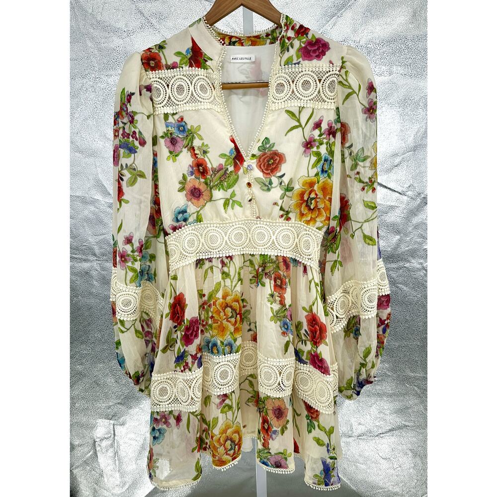 Avec Les Filles Floral Lace Trim Long Sleeve Boho Dress Size 4 - Picture 3 of 13